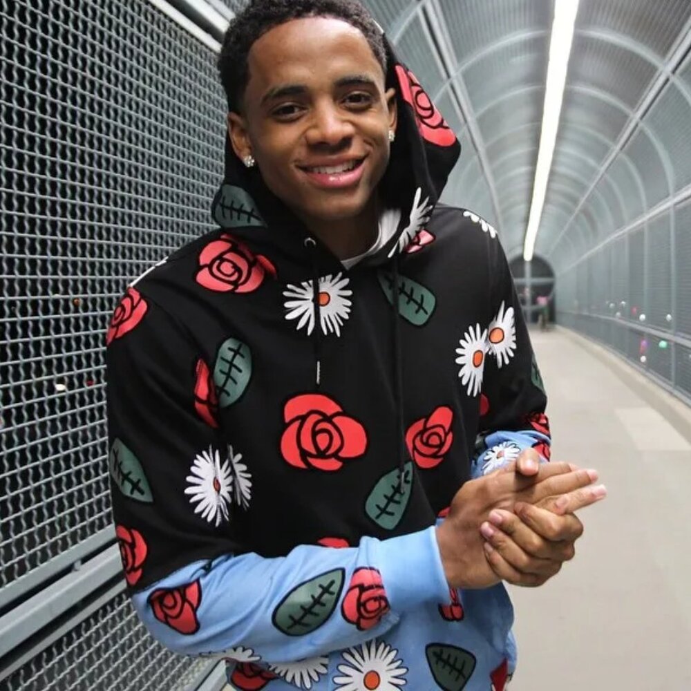 Bass by Ron Bass Flower Pattern Hoodie Color Block Black Blue Medium
